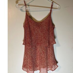 Cabi Top XS Red Pink Abstract Prnt Ruffle Lined Sleeveless Cottagecore Bohochic